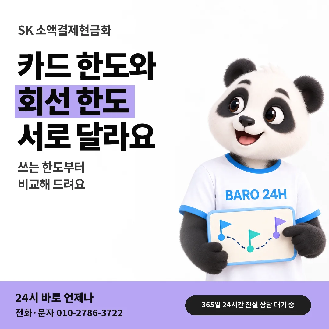 BARO 24H 티셔츠를 입은 3D 동물 캐릭터 옆에 「SK 카드깡과 다른 점」 제목을 얹은 안내 카드