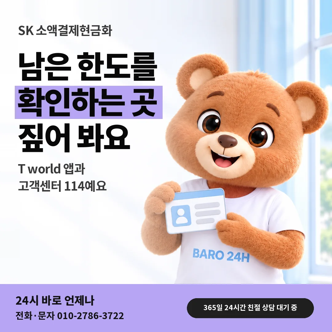 신분증을 든 BARO 24H 티셔츠를 입은 3D 곰 캐릭터 옆에 「SK 남은 한도 확인하기」 제목을 얹은 안내 카드